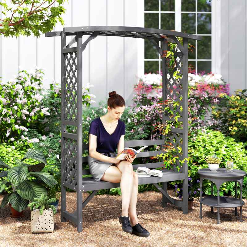 Outsunny Garden Bench, Arch Pergola with Natural Wooden Garden Arbour with Seat for Vines/Climbing Plants for Outdoor Space, Grey