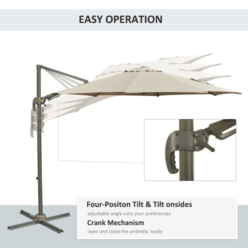 Outsunny 3(m) Cantilever Parasol 360 Rotation Roma Umbrella Hanging Sun Shade with Aluminium Frame, Tilt Crank, 8 Ribs and Cross Base, Khaki