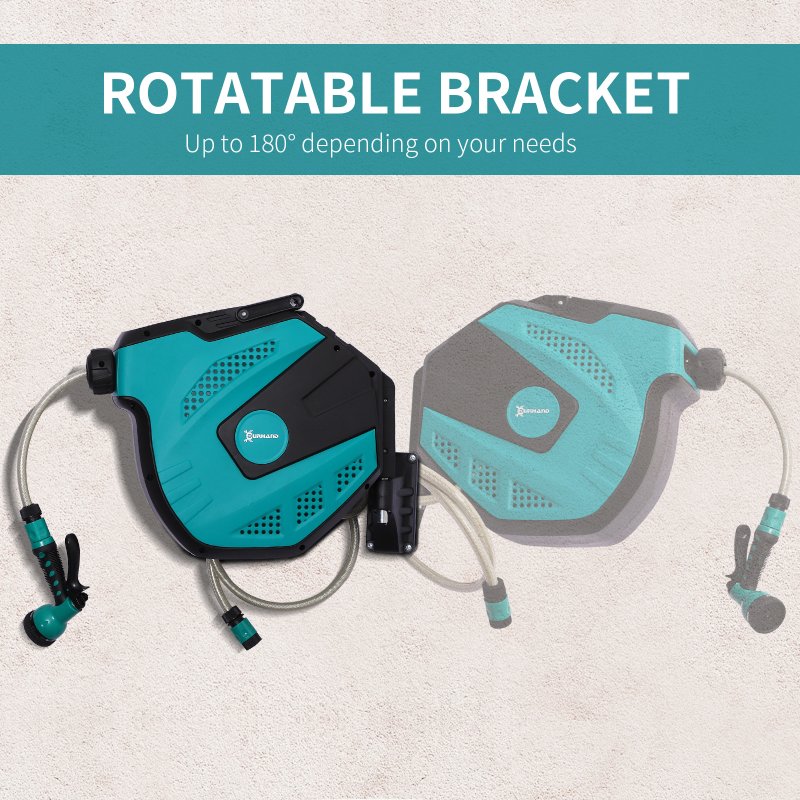 DURHAND 15m Garden Hose Reel Wall Mounted Auto Rewind with 7 Patterns Spray Nozzle, Includes Wall Fixings