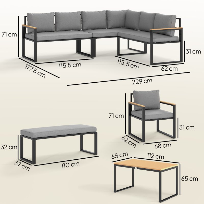 Outsunny 6 Piece L Shaped Garden Furniture Set, 9 Seater Outdoor Corner Sofa Set with 3 Loveseats, Bench, Chair, Wide and Deep Seats, WPC Top Coffee Table, Thick Cushions, Natural Wood Finish