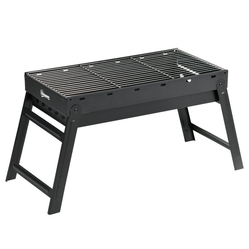 Outsunny Portable Charcoal Grill with Pull-Out Charcoal Basin, Folding Tabletop Barbecue, Compact Camping BBQ, Galvanised Metal, 73 x 31 x 38 cm, Black
