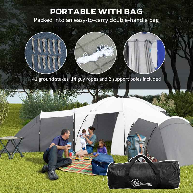 Outsunny 6-9 Man Large Tunnel Tent with 3 Bedroom, Living Area and Porch, 2000mm Waterproof Camping Tent, Portable with Bag, for Fishing Hiking Festival, Dark Grey