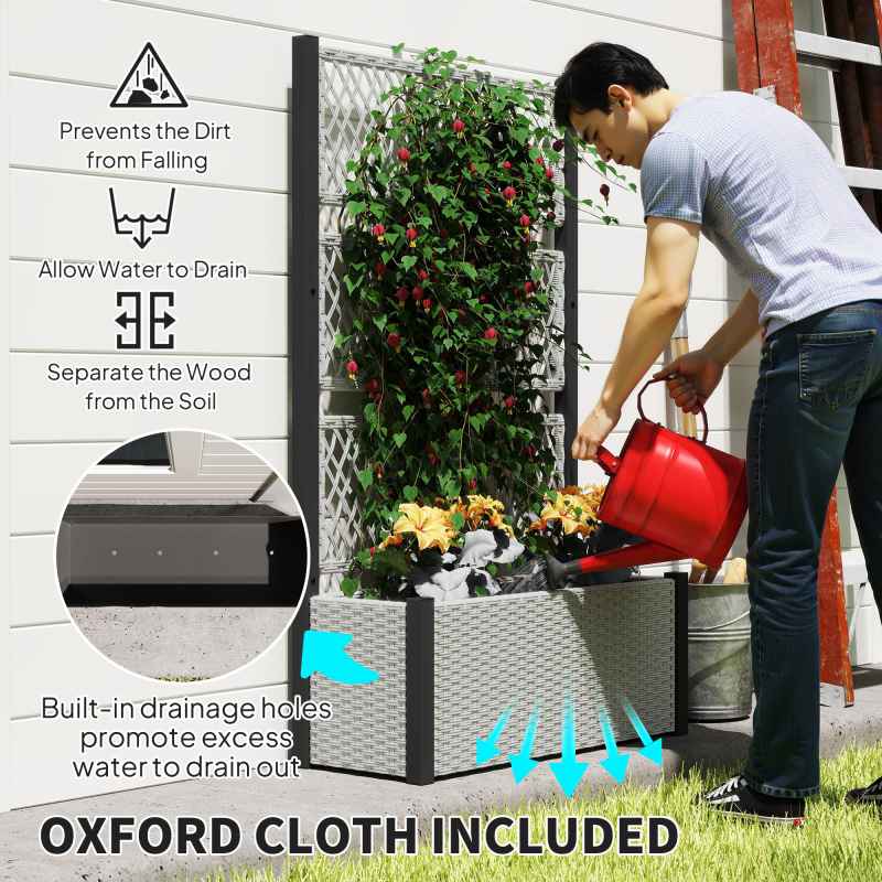 Outsunny Garden Planter Box with Trellis, Liner, Rattan Raised Bed, Trough Planter with Topped Trellis for Climbing Plants, Vegetables, Flowers, 90 x 35 x 148 cm, Mixed-grey