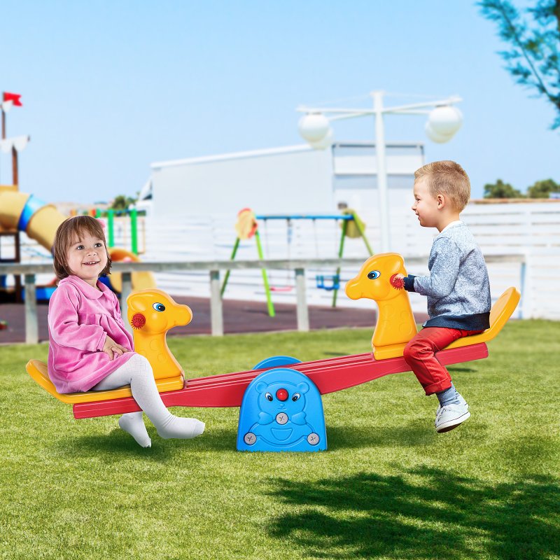 HOMCOM Seesaw for Children, Teeter Totter with Easy-Grip Handles for 1-4 Years, Indoor Outdoor Playground Equipment with 2 Seats, Multicolour