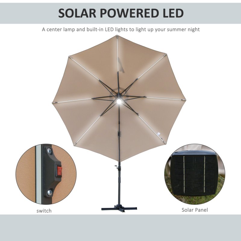 Outsunny 3(m) Cantilever Roma Parasol Garden Sun Umbrella Outdoor Patio with 360 Rotation Crank & Tilt Aluminium Frame LED Solar Light Cross Base, Brown