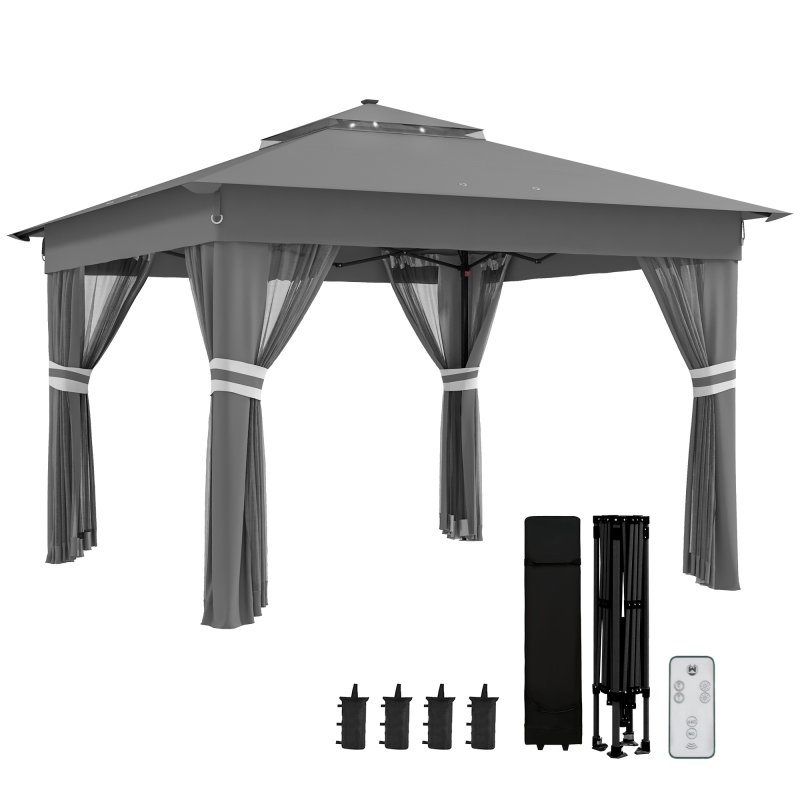 Outsunny 3 x 3(m) Pop Up Gazebo with Sides, 20 Solar-Powered LED Lights, Netting, Roller Bag, 4 Weight Bags, Marquee Party Tent, Height Adjustable Instant Event Shelter, Grey