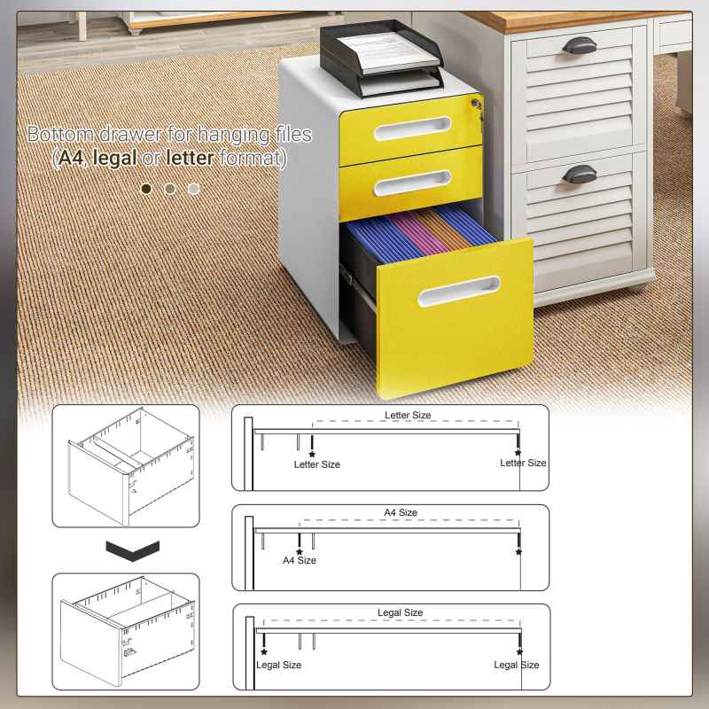 Vinsetto Lockable File Cabinet with 3 Drawers, Vertical Office Drawer for A4, Letter, Legal Size, Anti-tilt Design, Pre-Assembled Body, Yellow