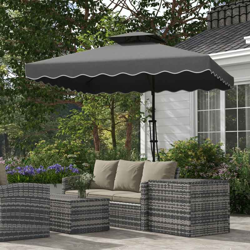 Outsunny 2.5m Cantilever Parasol with Easy Lever, Square Double Top Garden Parasol Umbrella with Ruffles and Cross Base, Overhanging Outdoor Sun Shades, Dark Grey