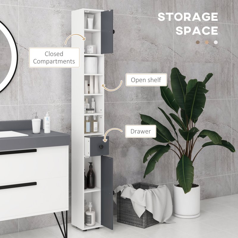 kleankin 180cm Tall Bathroom Cabinet, Slim Bathroom Storage Cabinet with 4 Open Shelves, 2 Door Cupboards and Adjustable Shelves