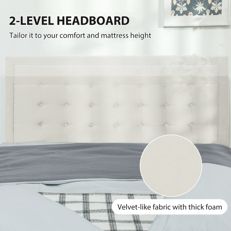 HOMCOM Double Ottoman Bed Frame, 4ft6 Gas Lift Storage Bed with 2-Level Adjustable Velvet Upholstered Headboard, Wheeled Drawer and Wooden Slats, No Mattress, Cream White