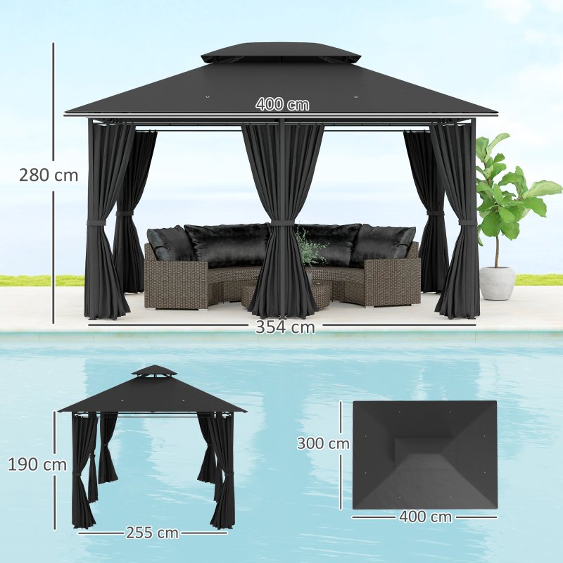 Outsunny 4m x 3(m)Garden Gazebo, Double Roof Outdoor Gazebo Canopy Shelter with Curtains, Solid Steel Frame for Patio, Garden, Black