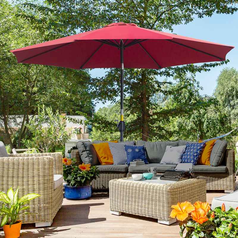 Outsunny 3(m) Garden Parasol Umbrellas, Outdoor Sun Shade with 8 Ribs, Tilt and Crank Handle for Balcony, Bench, Garden, Wine Red