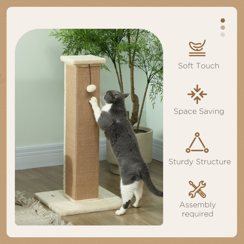 PawHut Cat Scratching Post for Indoor Cats, 81cm Cat Scratcher, Vertical Full Scratcher with Natural Jute Rope, Hanging Ball and Soft Plush, Beige