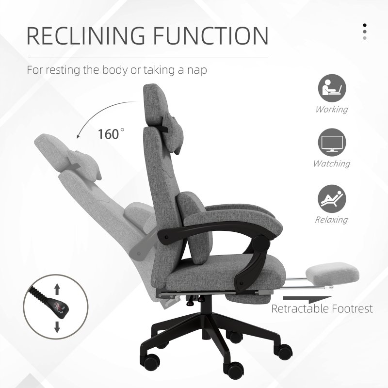 Vinsetto Office Chair, Ergonomic Desk Chair, High Back Fabric Work Chair with 160° Reclining Backrest, Retractable Footrest, Neck and Lumbar Pillow for Home and Study, Dark Grey