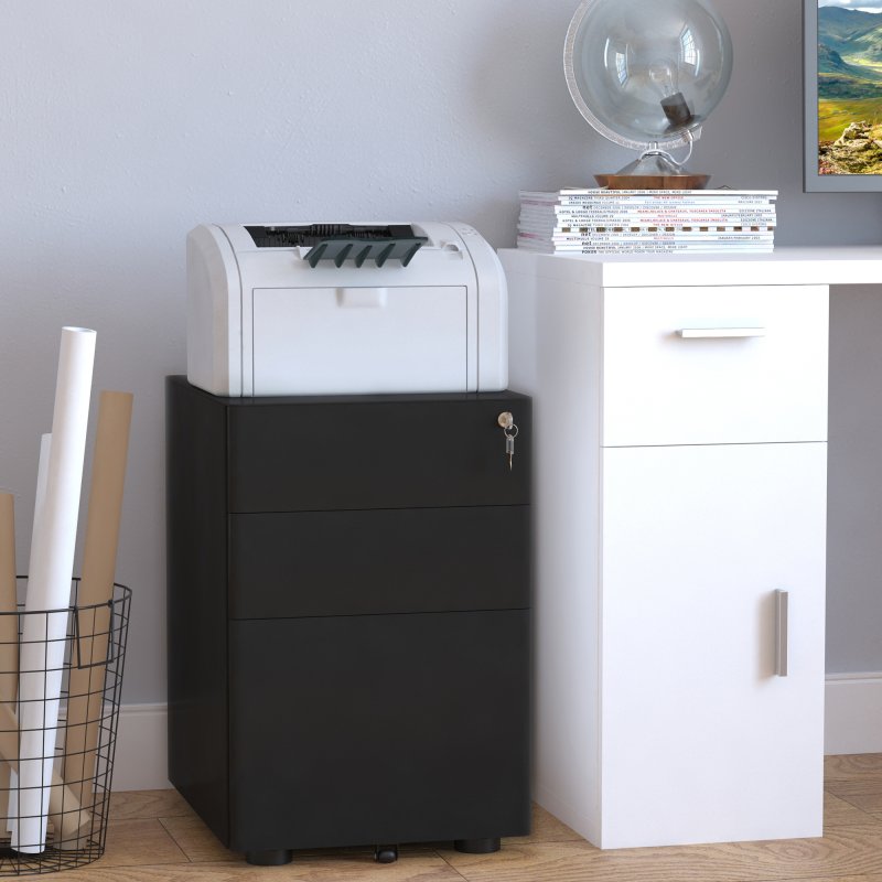 Vinsetto 3-Drawer Mobile Filing Cabinet, Steel Lockable File Cabinet for A4, Legal, Letter, Compact Under Desk Storage Unit with Pre-Assembled Body Except Wheels for Home Office, 39 x 48 x 59cm, Black
