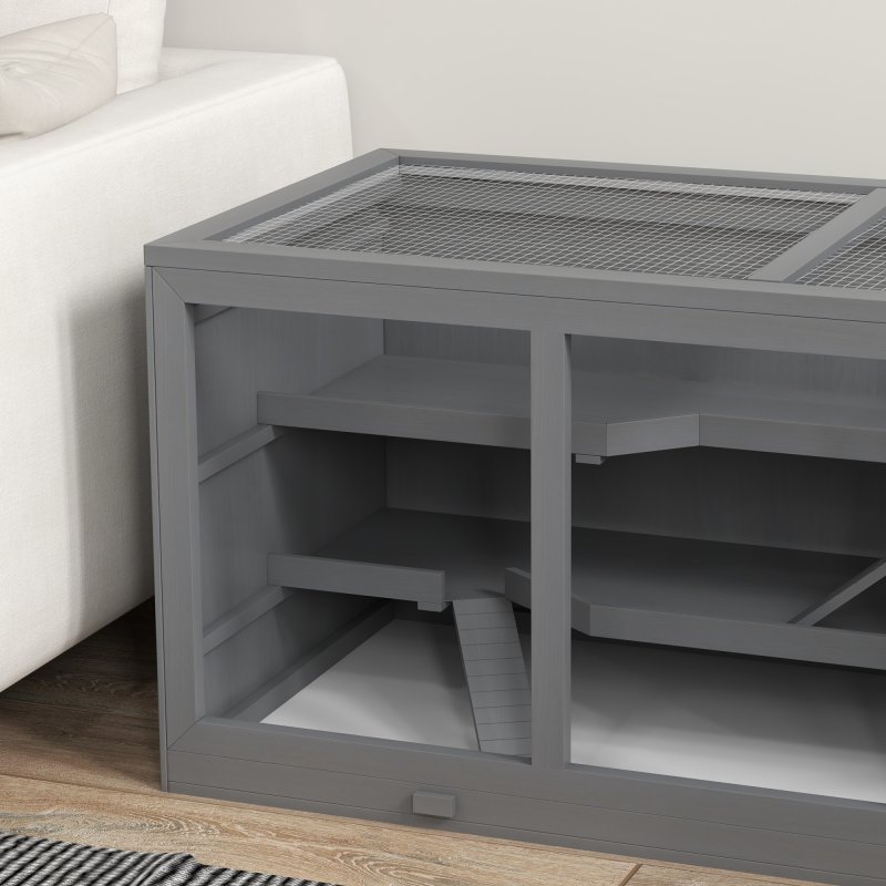 PawHut Wooden Hamster Cage, Small Animals Hutch with Tray, Openable Top, Exercise Run, Grey