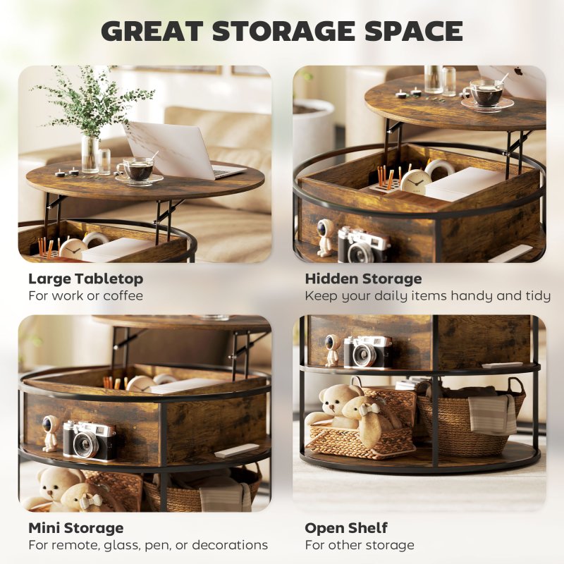 HOMCOM Lift Top Coffee Table, Round Coffee Table with Storage Shelf, Hidden Compartment and Steel Frame for Living Room, Home Office, Brown
