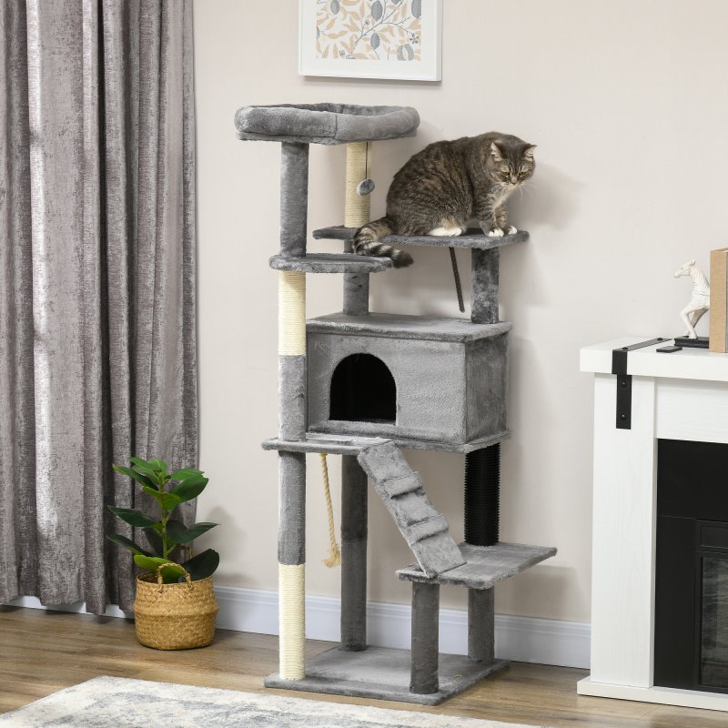 PawHut 148cm Cat Tree for Indoor Cats with Scratching Post, Cat Tower for Two Cats, with Cat House, Bed, Toy, Grey