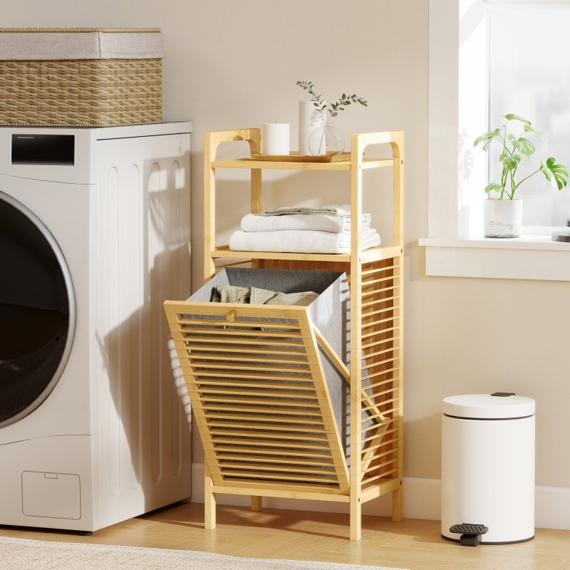 HOMCOM Bamboo Laundry Cabinet with Slatted Door, Bathroom Cabinet with Tilt-Out Hamper and Removable Liner Bag, 40 x 30D x 95 cm, Natural Wood Finish