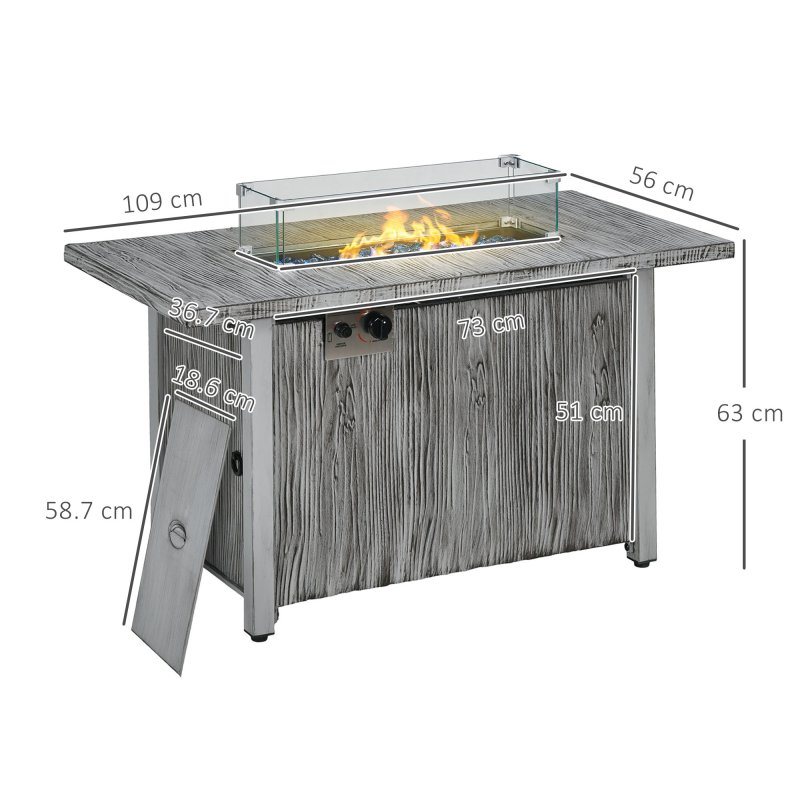 Outsunny Propane Gas Fire Pit Table for Garden, 50000 BTU Smokeless Firepit Outdoor Patio Heater with Waterproof Cover, Glass Screen, Glass Beads and Lid, Wood Effect, 109 x 56 x 63cm, Grey