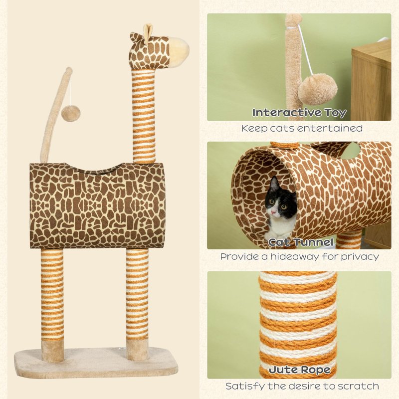 PawHut Cat Tree for Indoor Cats Cute Giraffe Kitten Play Tower w/ Scratching Posts, Tunnel, Toy Ball, 48.5 x 34.5 x 101cm - Beige