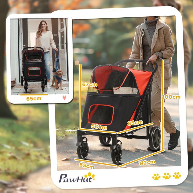 PawHut Dog Stroller Pet Pram Dog Pushchair Buggy with Adjustable Canopy for Medium and Large Breeds, Red