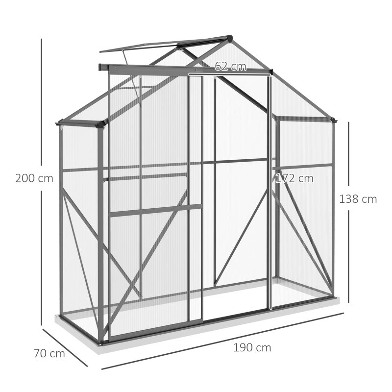 Outsunny 6 x 2.5ft Polycarbonate Greenhouse, Walk-In Green House with Sliding Door, 5-Level Roof Vent, Rain Gutter, Garden Plants Grow House with Aluminium Frame and Foundation, Dark Grey