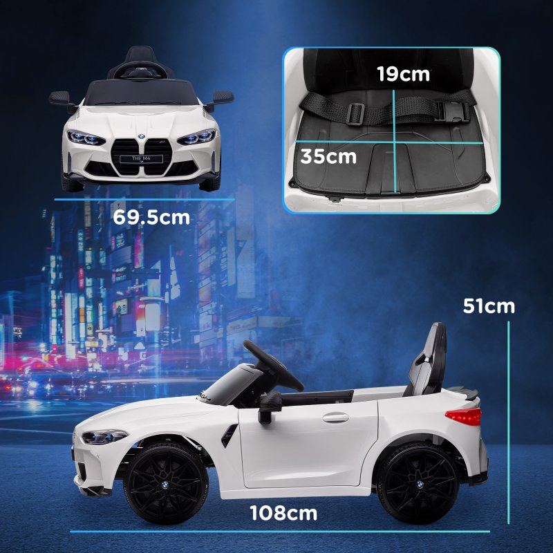 AIYAPLAY BMW M4 Licensed Electric Car for Kids, 12V Kids Electric Ride on with Remote Control, Suspension, Music, Horn, LED Lights, for Ages 3-5 Years, White
