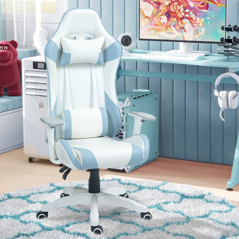 HOMCOM Gaming Chair, Racing Gamer Chair, Reclining Faux Leather Computer Chair with Headrest, Lumber Support, 3D Armrests, Adjustable Height, Swivel Wheels for Home Office, Light Blue