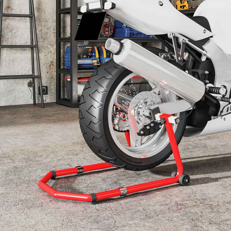 HOMCOM Motorcycle Stand Lift, 390 kg Capacity Convertible Front/Rear Motorbike Motorcycle Paddock Lift Stand with Adjustable U+L Fork Pin Adaptors, Wheels, Clamping Clips, Red
