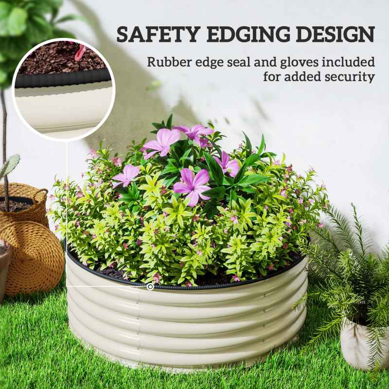 Outsunny Galvanised Raised Garden Bed with Safety Edging, Outdoor Raised Planter Box with Gloves and Open Bottom, Metal Raised Bed for Flowers, Vegetables and Herbs, 120 x 120 x 43cm, Cream White