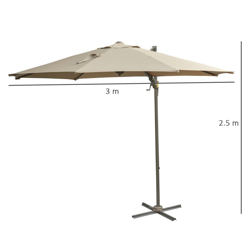 Outsunny 3(m) Cantilever Parasol 360 Rotation Roma Umbrella Hanging Sun Shade with Aluminium Frame, Tilt Crank, 8 Ribs and Cross Base, Khaki