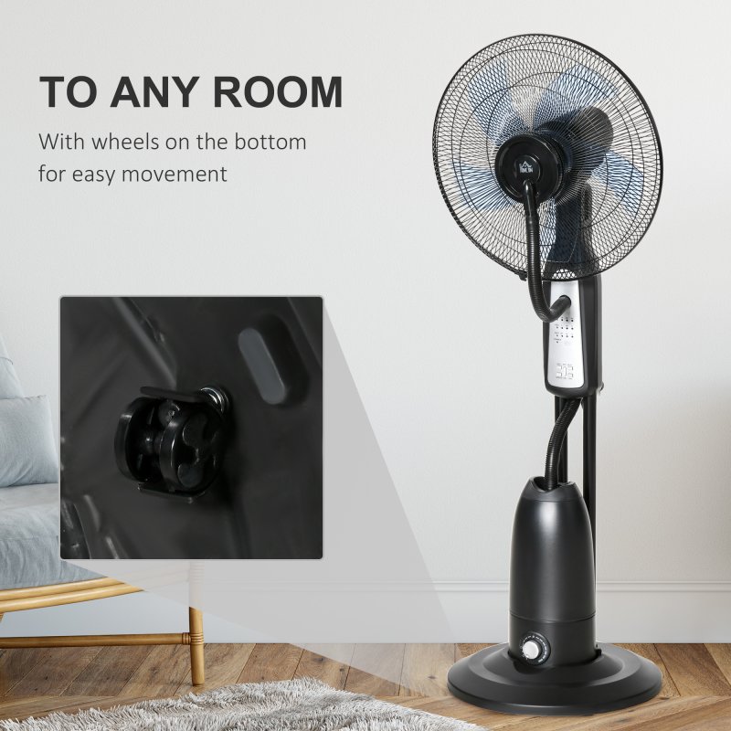 HOMCOM 18" Pedestal Fan with Water Mist Spray, Standing Fan with 3 Speeds, 2.8L Water Tank, Timer and Remote, Black
