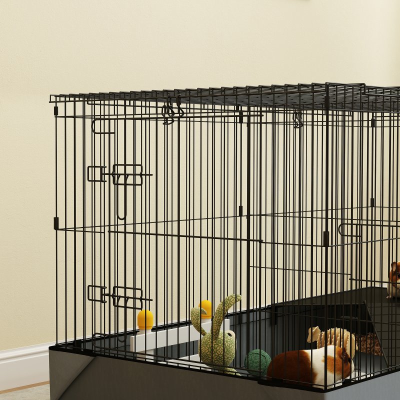PawHut Guinea Pig Cage, 2 in 1 Rabbit Cage Pet Playpen with Removable Top, 2 Separate Area, Waterproof Oxford Fabric Floor, Perch, Ramp, Small Animal Cage for Guinea Pigs, Bunnies, Hedgehogs, Black