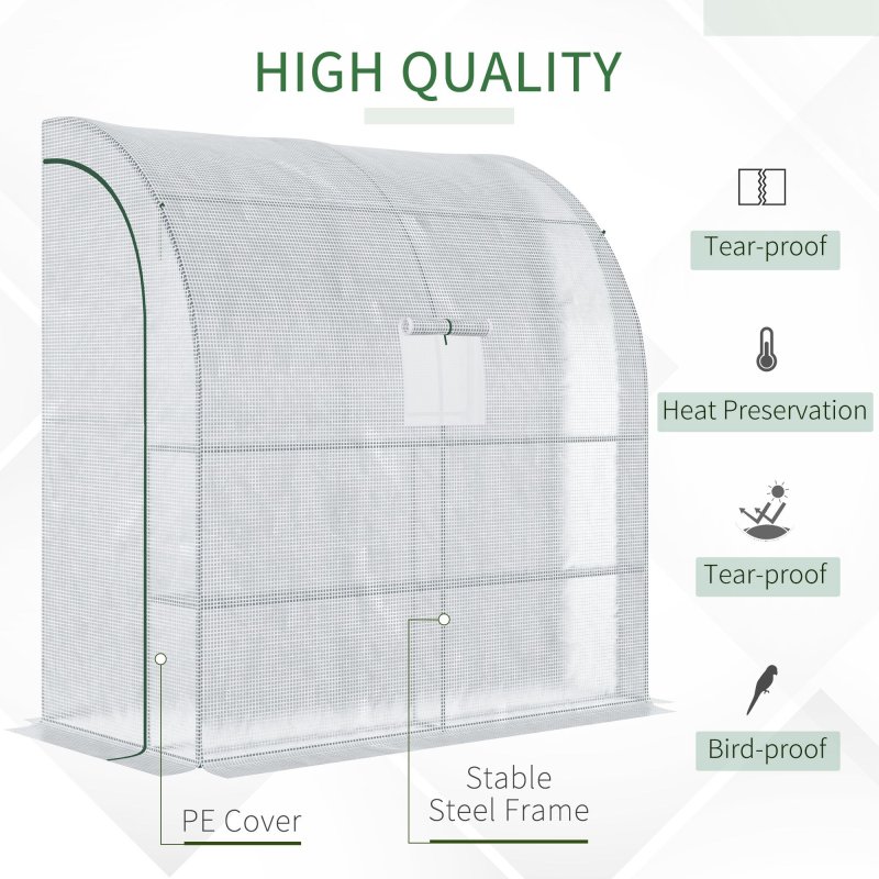 Outsunny Walk-In Lean to Wall Greenhouse with Windows and Doors, Outdoor Green House with 3 Tiers 4 Wired Shelves, 200L x 100W x 215Hcm, White