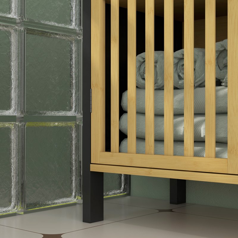 HOMCOM Under Sink Bathroom Cabinet, Bamboo Sink Storage Cabinet, Bathroom Vanity Unit with 2 Slat Doors, Adjustable Shelf and U-Shape Slot for Pipe Fit