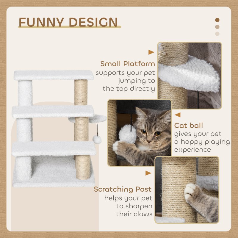 PawHut Pet Stair, Cat Tree with 3-step Climb Ladder, Scratching Posts, Platforms, Toy Ball, for Indoor Elderly Cats Kittens, White