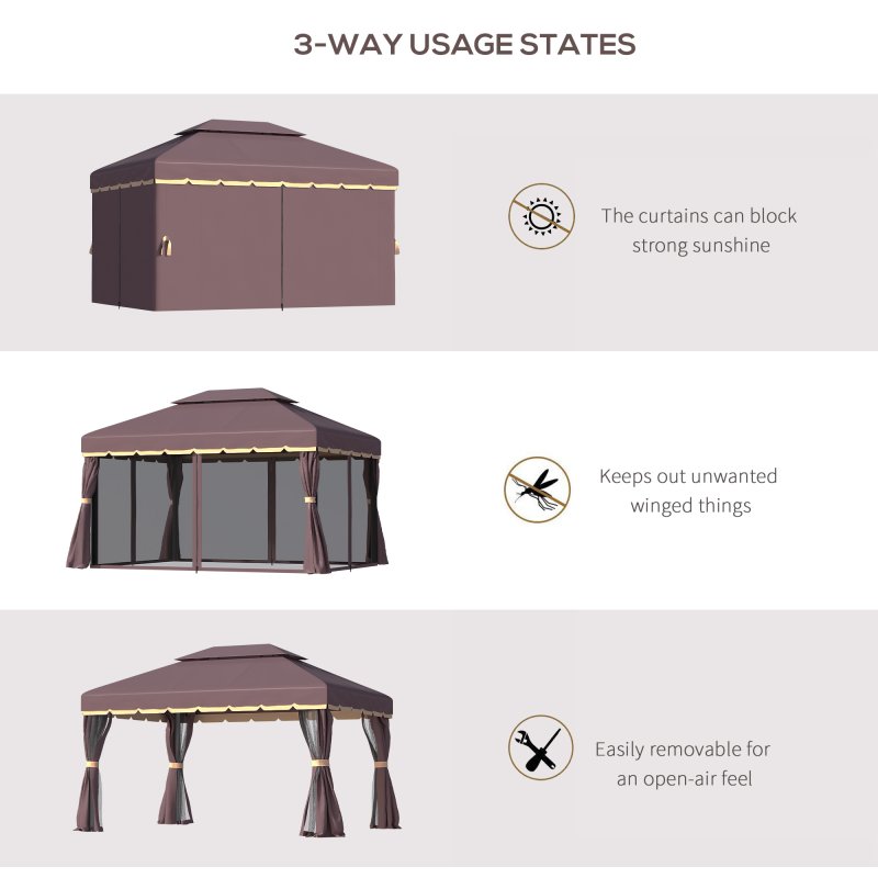 Outsunny 3 x 4m Aluminium Garden Gazebo, Marquee Canopy Shelter Pavilion Party Tent with Nets and Curtains for Garden and Deck, Coffee