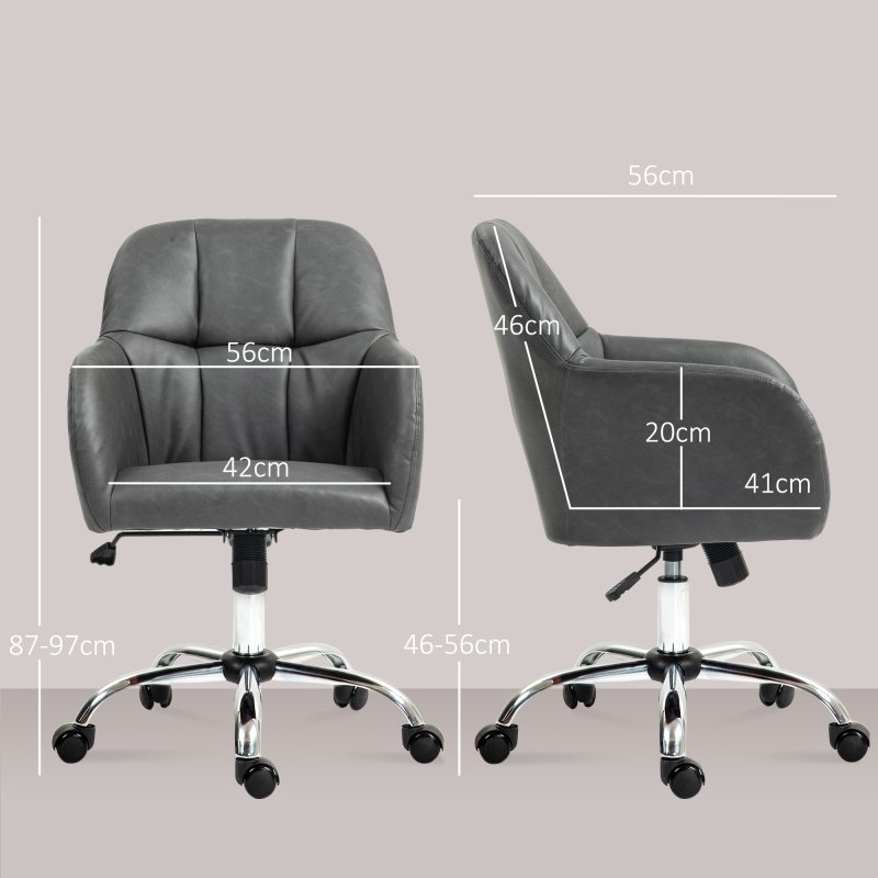 HOMCOM Computer Desk Chair, PU Leather Swivel Office Chair, Makeup Vanity Chair with Height Adjustable, Wheels, for Home Study Bedroom, Grey