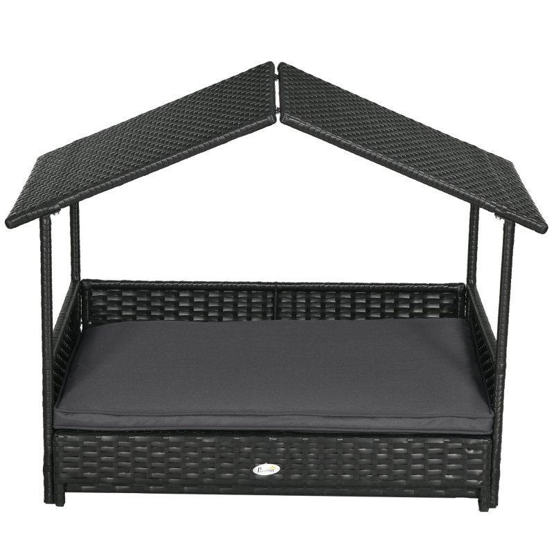 PawHut Rattan Dog House, Extendable Outdoor Wicker Dog Bed w/ Water-Resistant Roof, Removable Cushion, for Small and Medium Dogs - Grey