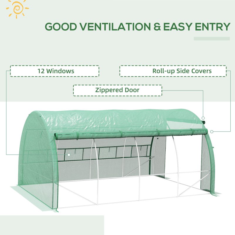 Outsunny 4 x 3 x 2 m Polytunnel Greenhouse with Roll-up Side Walls, Walk-in Grow House Tent with Steel Frame, Reinforced Cover, Zipped Door and 12 Mesh Windows for Garden, Green