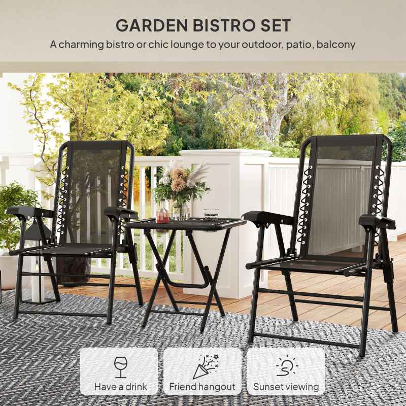 Outsunny 3 Pieces Garden Bistro Set, Folding Table and Chairs Set, Metal Garden Furniture Set with Cup Holders for Outdoor, Patio, Balcony, Black