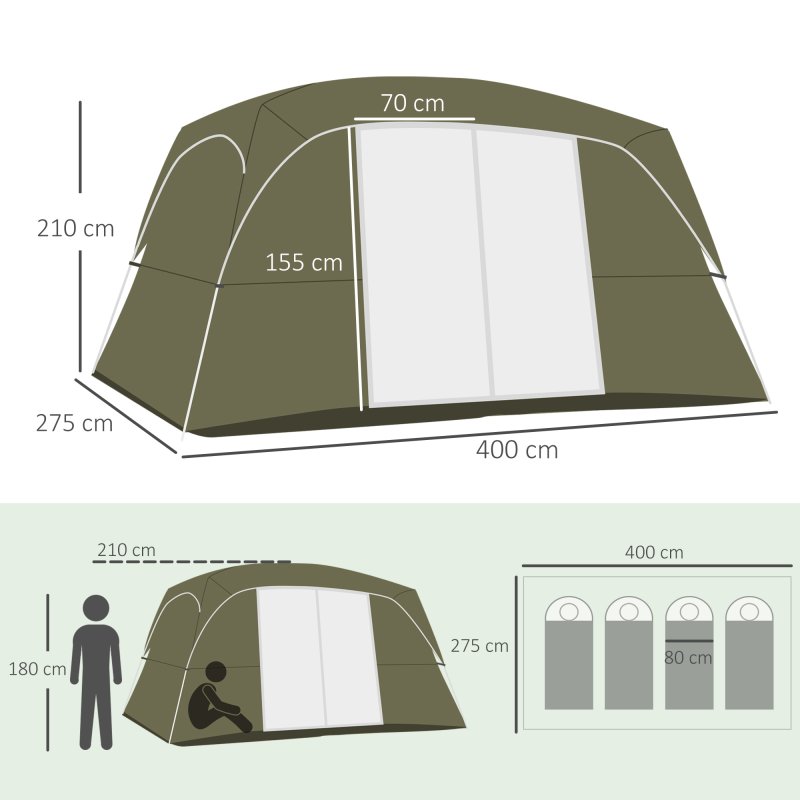 Outsunny 2 Room Camping Tent, Family Tent 4-8 Person with Large Mesh Windows, Easy Set Up for Backpacking Hiking Outdoor, Green