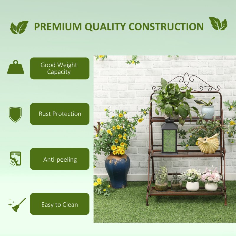 Outsunny 3 Tier Metal Plant Stand, Ladder Flower Pot Display Shelf, Storage Organiser Rack for Indoor Outdoor Patio Balcony Garden