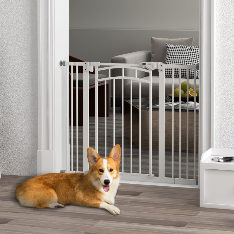 PawHut Dog Stair Gate, Pressure Fit Dog Safety Gate with Automatic Closing System, Double Locking, for Stairs, Doors, Hallways, House, 74-100cm Width, White