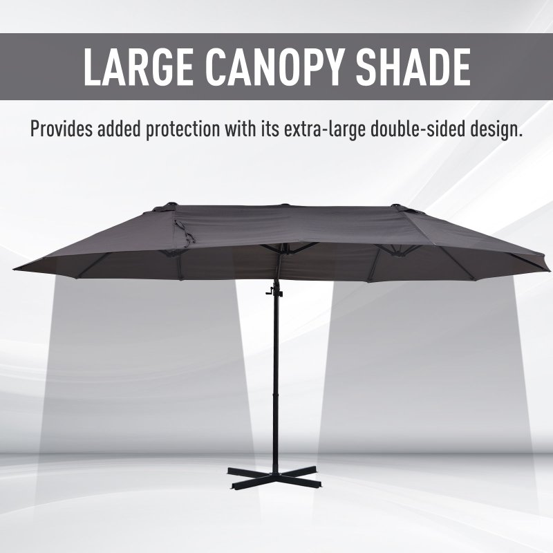 Outsunny 4.4m Large Garden Parasol, Double-Sided Cantilever Parasol with Base Included, Patio Umbrella Sun Shade with Steel Pole 12 Ribs Crank Handle Easy Lift Twin Canopy, Grey