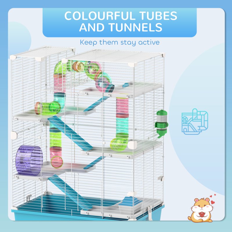 PawHut 6 Tier Hamster Cage, Gerbil Cage with Tubes, Exercise Wheel, Hut, Water Bottle, Food Dish, Ramps, Small Animal Cage for Dwarf Hamster, 58 x 36 x 81 cm, Light Blue