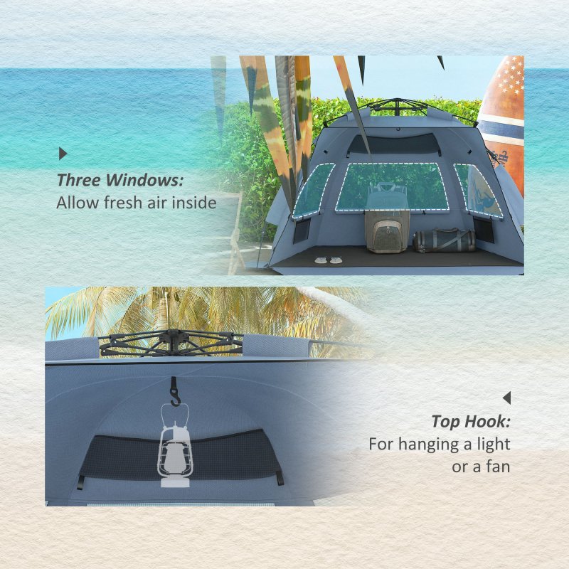 Outsunny Pop Up Tent Beach Tent for 2-3 Person, UPF15+ Easy Set Up Sun Shelter with Extended Floor, Sandbags, Mesh Windows and Carry Bag, Light Blue