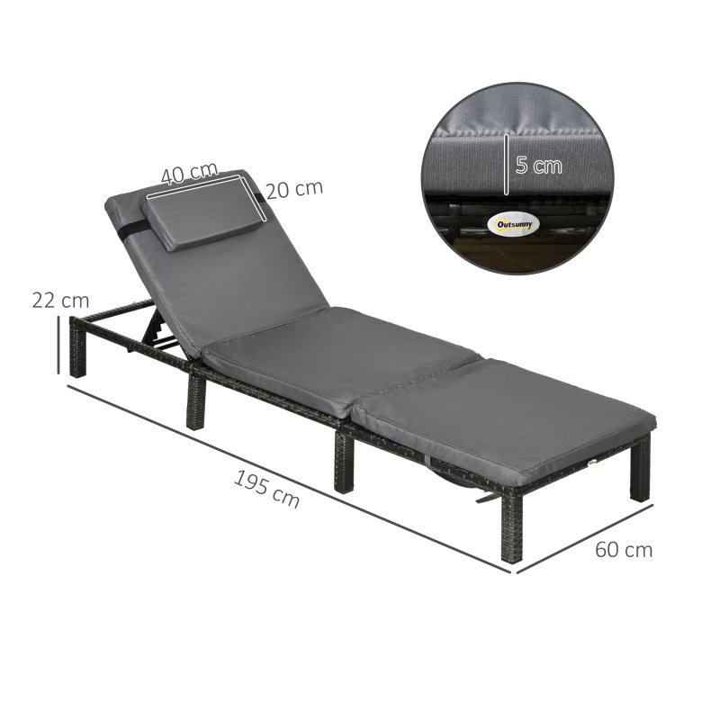 Outsunny Rattan Sun Lounger Set of 2, 5-Level Adjustable Garden Lounger Recliner with Cushion and Headrest, Outdoor Reclining Sunbed, Steel Frame Garden Chair for Patio, Beach, Terrace, Dark Grey