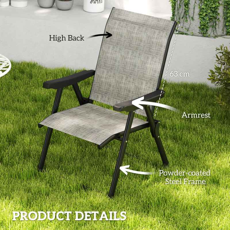 Outsunny Set of 2 Folding Chair, Garden Chair Set with Breathable Mesh Back and Seat, Outdoor Camping Chairs with Armrests, Steel Frame for Deck Balcony, Black and Grey